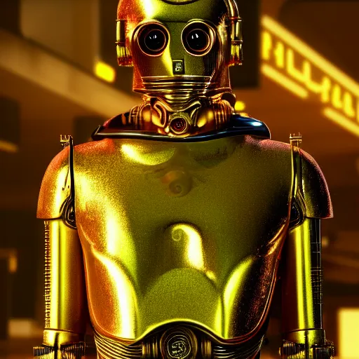 Prompt: photo of c 3 po as a cyberpunk, ultra realistic details, 8 k