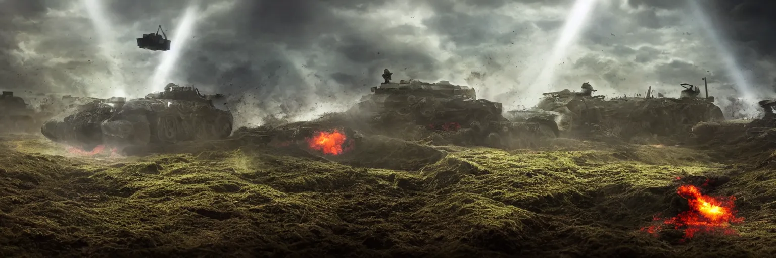 Image similar to natural looking fight landscape of ww 1 deep trenches with fortifications, soldiers fighting with aliens fro resistance game, green gas spreading across land, futuristic tank is on fire, ground explosion in the background, alien mothership in the sky, hyper realistic, highly detailed, dramatic lighting, raytarced, god rays, 4 k, 8 k, matte painting