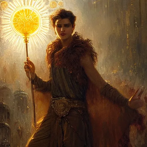 Image similar to a handsome slender young man with wavy brown hair summons a ball of light into his hand. urban fantasy. modern. dramatic. cinematic. holy. saintly. demigod. lord of light. detailed. sharp. photo realistic. realism. gaston bussiere. geoffroy thoorens