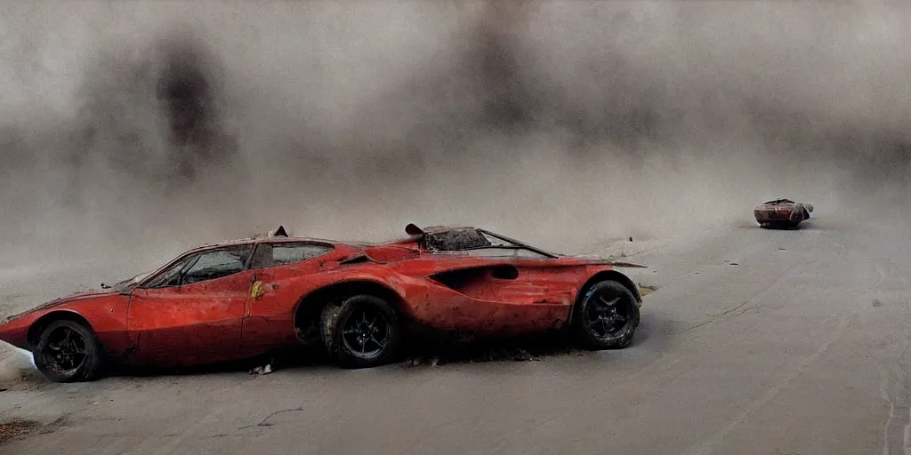 Image similar to ferrari in full speed in a empty street, mad max, kieth thomsen, zdzislaw beksinski