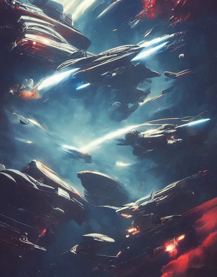 Prompt: retro futuristic sci - fi poster by moebius and greg rutkowski, giant spaceship battle, nebulae, stargezers