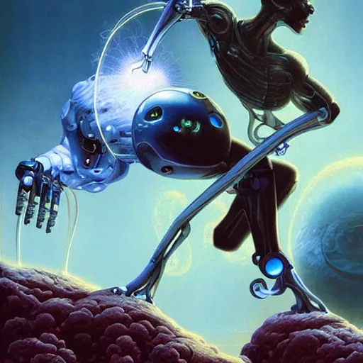 Prompt: an amish cyborg with one robotic eye, electrical charges sparkling within his hair, highly detailed by peter mohrbacher, hajime sorayama, wayne barlowe, boris vallejo, aaron horkey, gaston bussiere, craig mullins