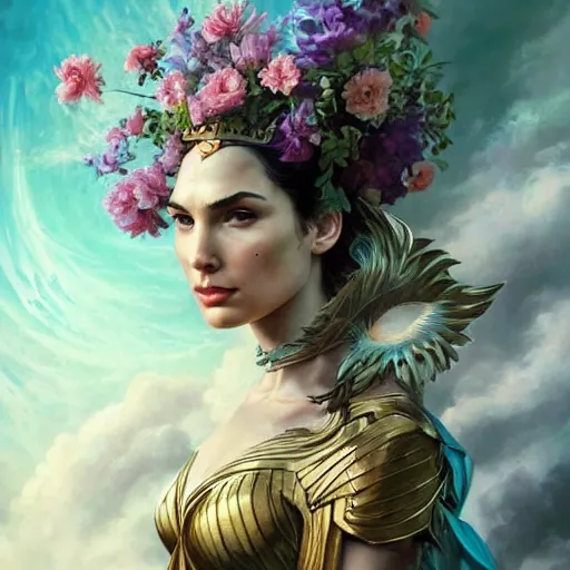 Image similar to fine art, long shot photo of the beauty goddess gal gadot, she has a crown of mesmerizing flowers, she is arriving heaven, background full of stormy clouds, by peter mohrbacher