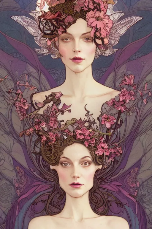 Image similar to full length portrait of a beautiful mysterious fairy with flowery headgear, no hands, by eve ventrue, michael carson, andreas rochas, john watkiss, casey weldon, artgerm. art nouveau. tarot card by mucha. gloomhaven. swirly intricate linework background. gaudy colors, sharp edges. octane render