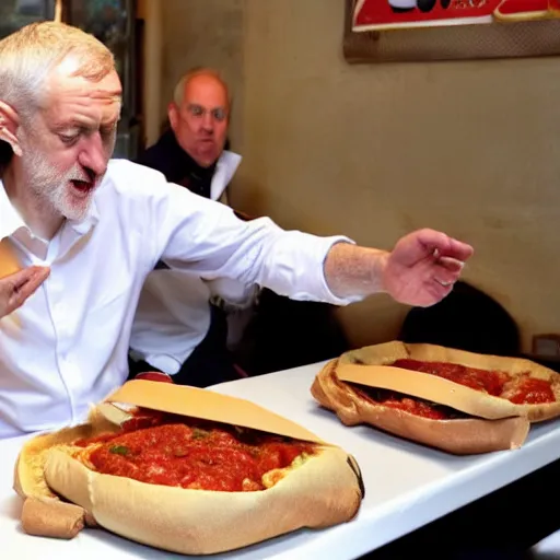 Prompt: Jeremy Corbyn eating a meatball sub and spilling it all over his white shirt