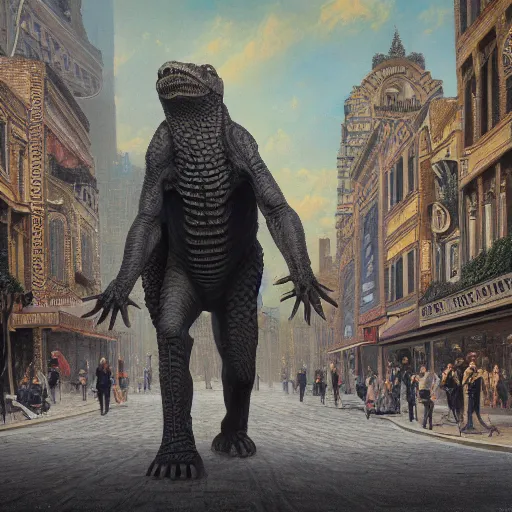 Image similar to humanoid reptilian man walks through the center of a city, extremely detailed oil painting, 1 9 2 0's colored pencil, highly detailed, highly accurate, deep aesthetic, 8 k, highly ornate intricate details, cinematic lighting, rich colors, beautiful scenic view, ray tracing, hyperrealistic, photorealistic, cinematic landscape, trending on artstation, concept art,