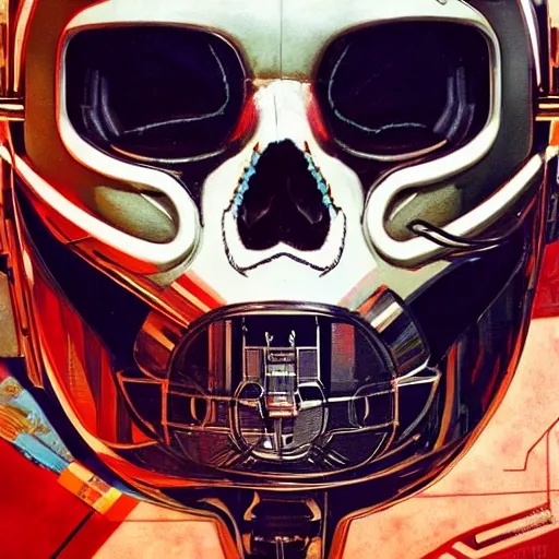 Prompt: a portrait of an cyborg vintage skull no teeth in a racing helmet by sandra chevrier, detailed render, epic composition, cybernetics, 4 k realistic, cryengine, realistic shaded lighting, sharp focus, masterpiece, by matteo scalera, gary montalbano, peter elson in the style of the tokyo ghost comic