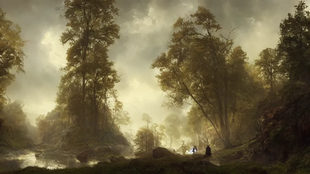 Image similar to [ searching for tom bombadil ] andreas achenbach, artgerm, mikko lagerstedt, zack snyder, tokujin yoshioka