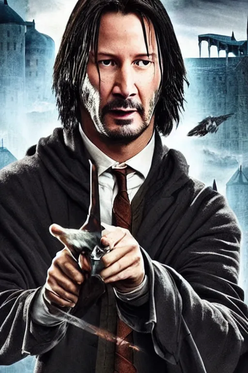 Image similar to Keanu Reaves playing Harry Potter in Harry Potter and the Rise Of The Machines Movie Poster