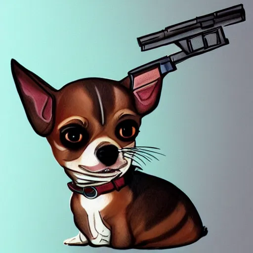 Image similar to chihuahua holding a gun, fan art, concept art