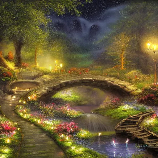 Image similar to painting, high detail, woodland village, in the night, fantasy, crescent moon, stone paths, bridge, water stream, luminous, toadstools, fireflies, fantasy,, flowers, waterfall, lanterns, mist, highly detailed painting, fine lines, 8 k realistic, sharp focus
