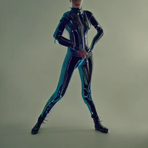 Image similar to Fashion photography of a woman wearing a futuristic outfit inspired by Avatar (2009), artistic photography, cinematic lighting, insanely detailed, cinestill 800t, Vogue magazine