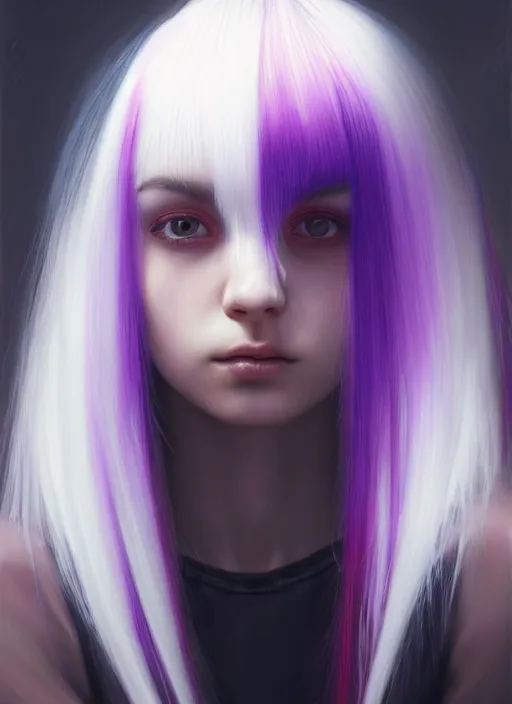 Image similar to hair whitebangs hair, black hair, whitebangs, portrait of teenage girl with white bangs, red irises, purple clothes, white bangs, bangs are different color from hair, intricate, elegant, glowing lights, highly detailed, digital painting, artstation, concept art, smooth, sharp focus, illustration, art by wlop, mars ravelo and greg rutkowski