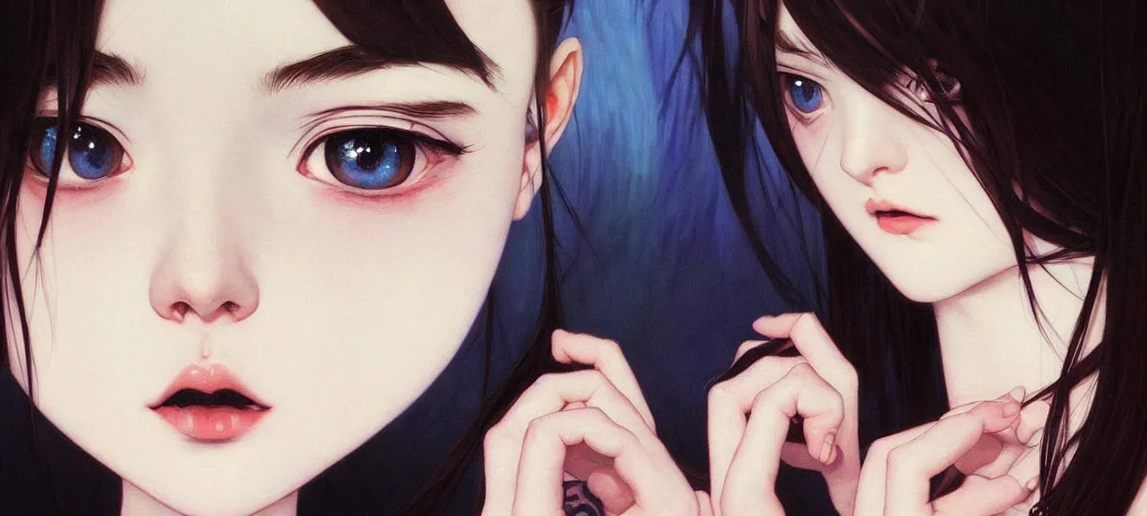 Image similar to a beautiful youth teenage depressed ocd psychotic popular girl in school struggling with morbid thoughts realized, angry eyes, soft skin, magnificent art by ilya kuvshinov, claude monet, range murata, artgerm, norman rockwell, highly detailed intricately sharp focus, bedroom eyes trending on pinterest, tiktok 4 k uhd image