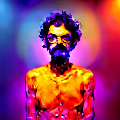 Image similar to terence McKenna posing seductively with psychedelic mushrooms, psychedelic, fractal, cinematic lighting, dramatic, octane render, full body, trending on artstation, perfect facial symmetry, bokeh, 8k, intricate, hyper detailed