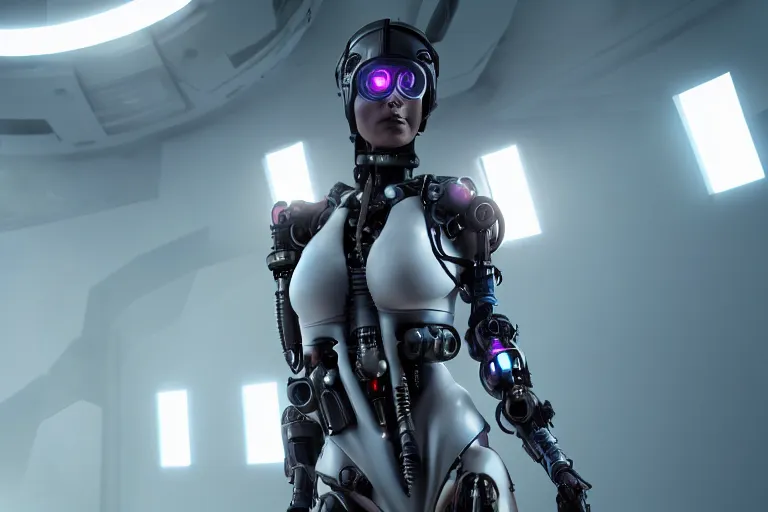 Image similar to cyberpunk cyborg woman concept inspired, futuristic look, highly detailed body, very powerful, photorealistic camera shot, bright studio setting, studio lighting, crisp quality and light reflections, unreal engine 5 quality render