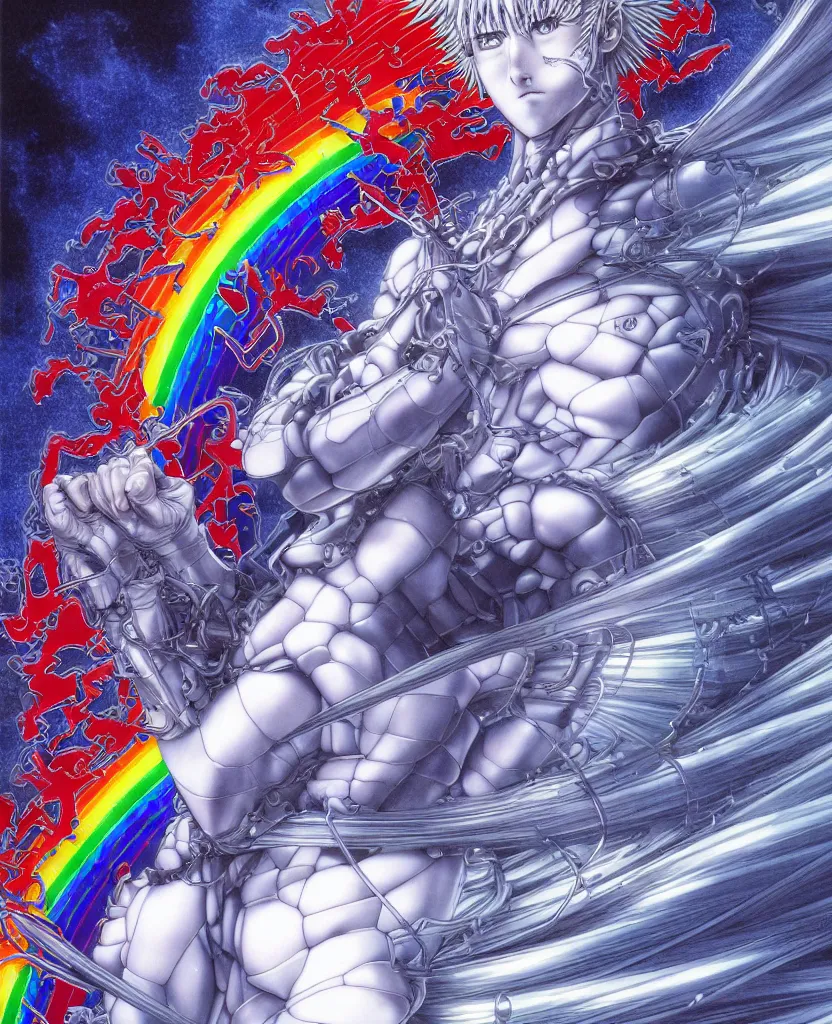 Image similar to symmetrical. realistic detailed image of ultra mega rainbow, realistic detailed male character, kaworu nagisa, depth perception, masterpiece, depth of field, action horror, gothic, vivid colors. art by yoshitaka amano, by yukito kishiro, by yoshiyuki sadamoto, by artgerm, by hajime sorayama