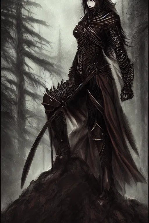 Image similar to dramatic dark forest scenery, girl with sharp fangs in hide leather armor, high fantasy concept art, poster