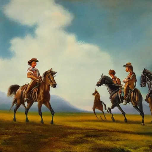 Image similar to portrait of a great plane with horsemen riding through, by Bob Ross