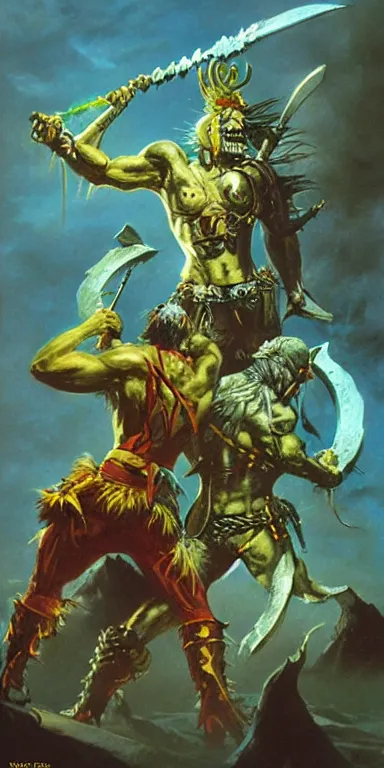 Prompt: the undead barbarian warrior fights a god, night scene, concept art by boris vallejo and michael whelan