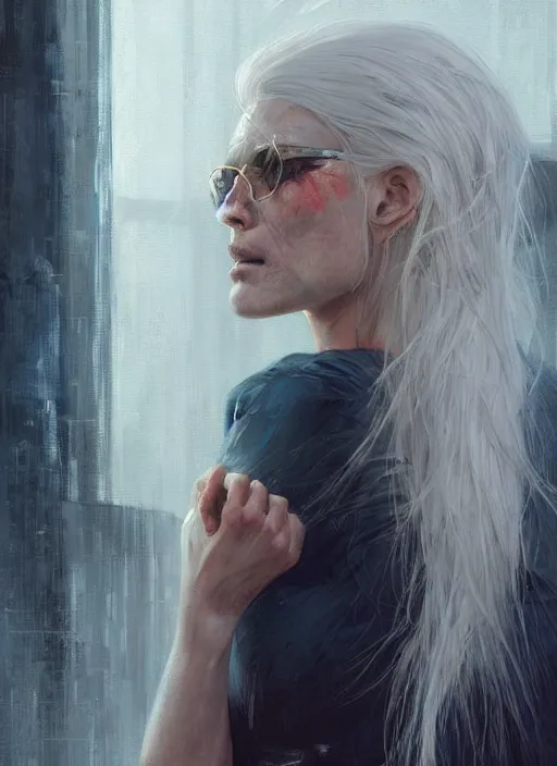 Prompt: a woman with white hair wearing a shirt sitting on a window, beautiful detailed face with green eyes'expressive oil painting, cyberpunk, by jeremy lipking, by conrad roset, by artgerm, wind blowing, octane render