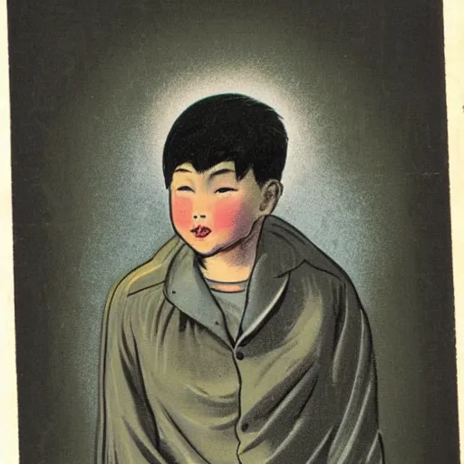 Prompt: vintage illustration of a young asian boy that have a black crow on his head