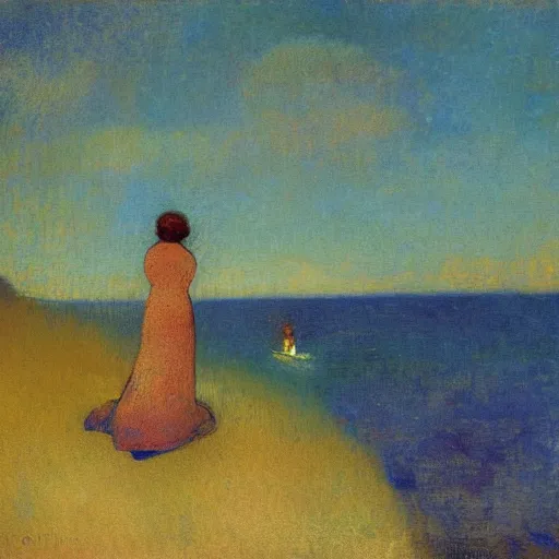 Image similar to a woman and her chiweenie looking out to sea by odilon redon