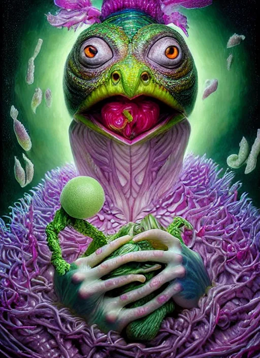 Image similar to hyper detailed 3d render like a Oil painting - kawaii portrait Aurora (a skeksis from dark crystal that looks slightly like an evil Anya Taylor-Joy) seen Eating of the Strangling network of yellowcake aerochrome and milky Fruit and His delicate Hands hold of gossamer polyp blossoms bring iridescent fungal flowers whose spores black the foolish stars by Jacek Yerka, Ilya Kuvshinov, Mariusz Lewandowski, Houdini algorithmic generative render, Abstract brush strokes, Masterpiece, Edward Hopper and James Gilleard, Zdzislaw Beksinski, Mark Ryden, Wolfgang Lettl, hints of Yayoi Kasuma, octane render, 8k