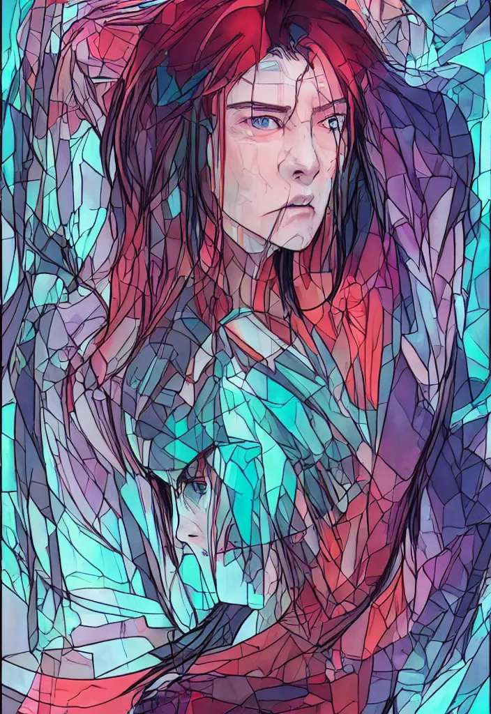 Prompt: neosynthetic spirit wearing stained glass techwear, looking at camera, candid photography, luminous, concept character sheet, long hair, pastel red blue pallette, detailed eyes, exaggerated facial expressions