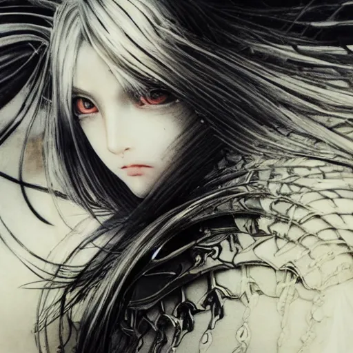 Image similar to Yoshitaka Amano realistic illustration of an anime girl with black eyes, wavy white hair fluttering in the wind and cracks on her face wearing Elden ring armour with engraving, abstract black and white patterns on the background, noisy film grain effect, highly detailed, Renaissance oil painting, weird portrait angle, blurred lost edges, three quarter view