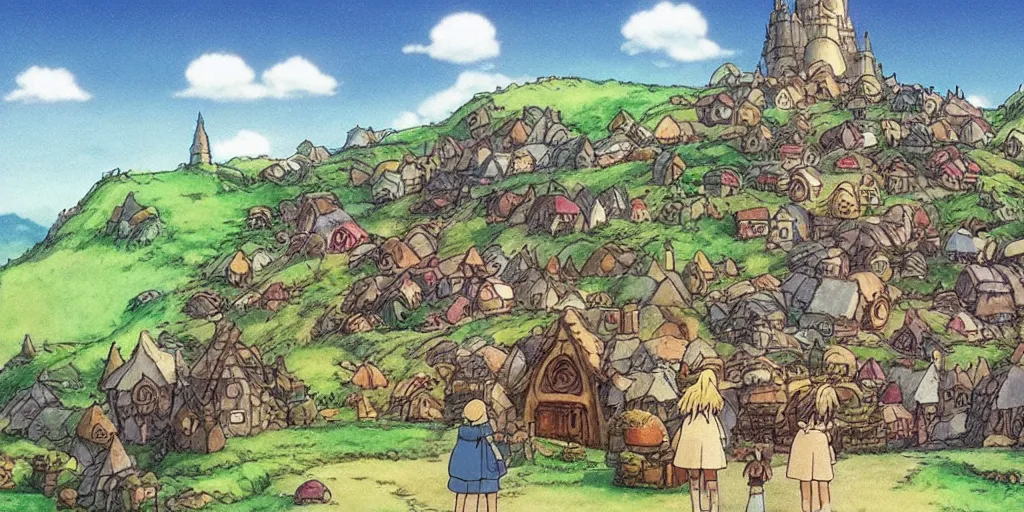 Prompt: a still from howl's moving castle of hobbiton, studio ghibli