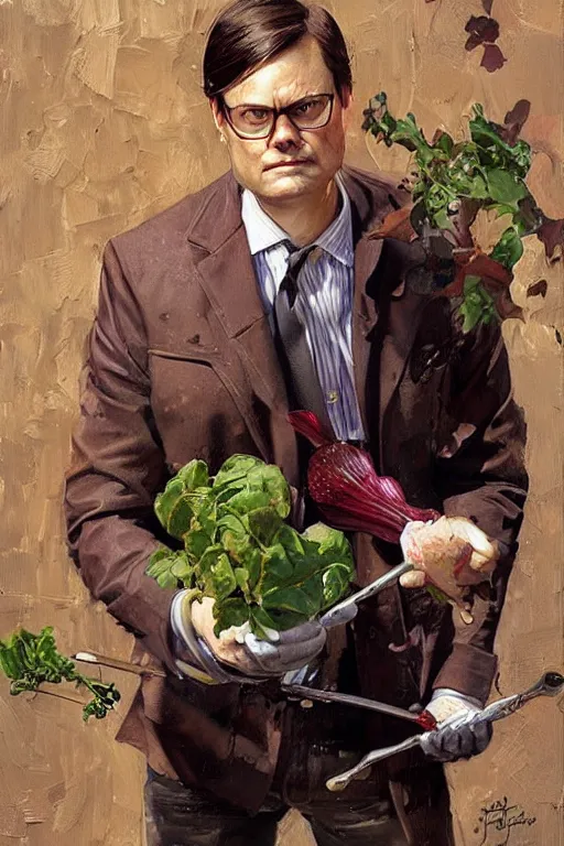Prompt: dwight schrute gardening, beets!!!, painting by jc leyendecker!! phil hale!, angular, brush strokes, painterly, vintage, crisp