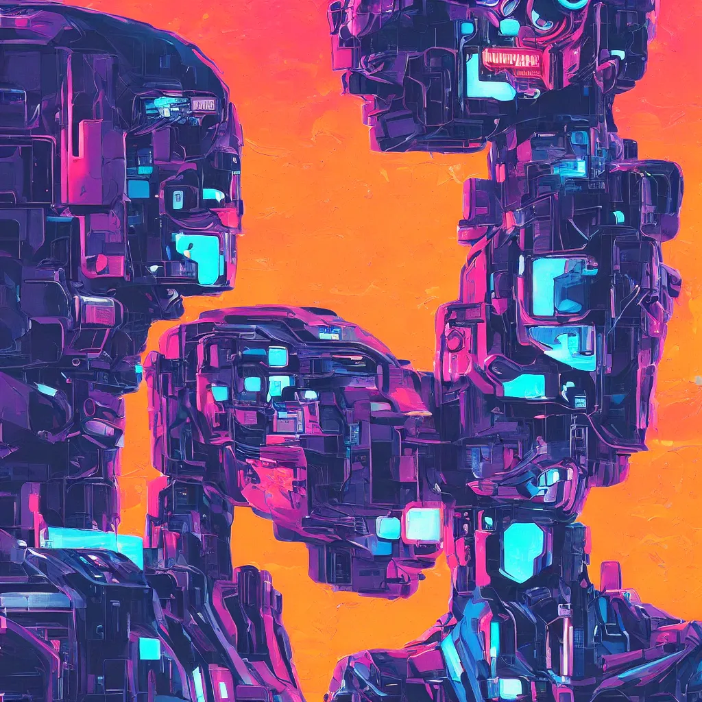 Image similar to a graph - style gouache impasto huge robot head in front of her, cyberpunk art by by james gilleard, cgsociety, retrofuturism, synthwave, retrowave, outrun