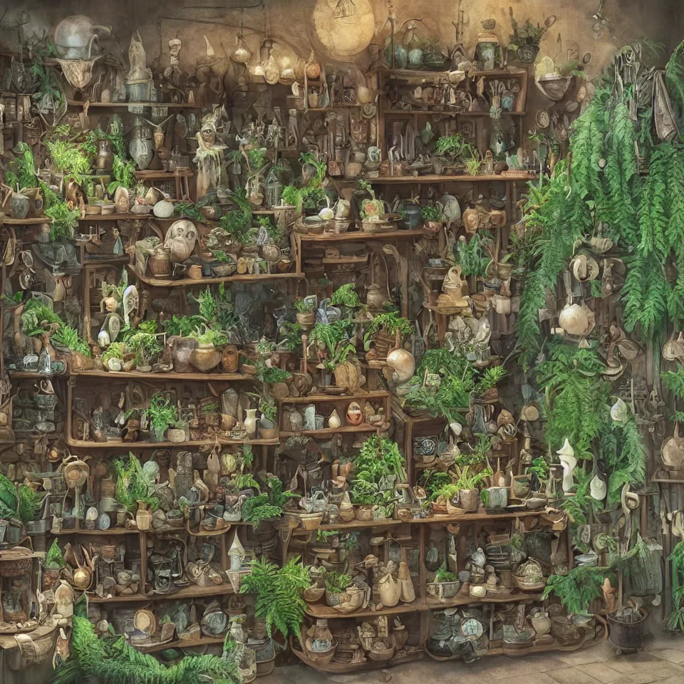 Image similar to small witch shop, counter, cauldrons, potions, visitor!!! in a pointy hat!!, holding an owl, ferns and plants in pots, highly detailed, sharp focus, matte painting, by studio ghibli, by giovani magana,