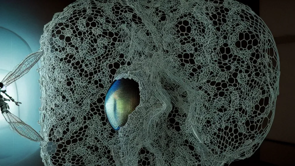 Image similar to a single astronaut eva suit interwoven with diamond 3d fractal lace iridescent bubble 3d skin and covered with insectoid compound eye camera lenses floats through the living room, film still from the movie directed by Denis Villeneuve with art direction by Salvador Dalí, wide lens,