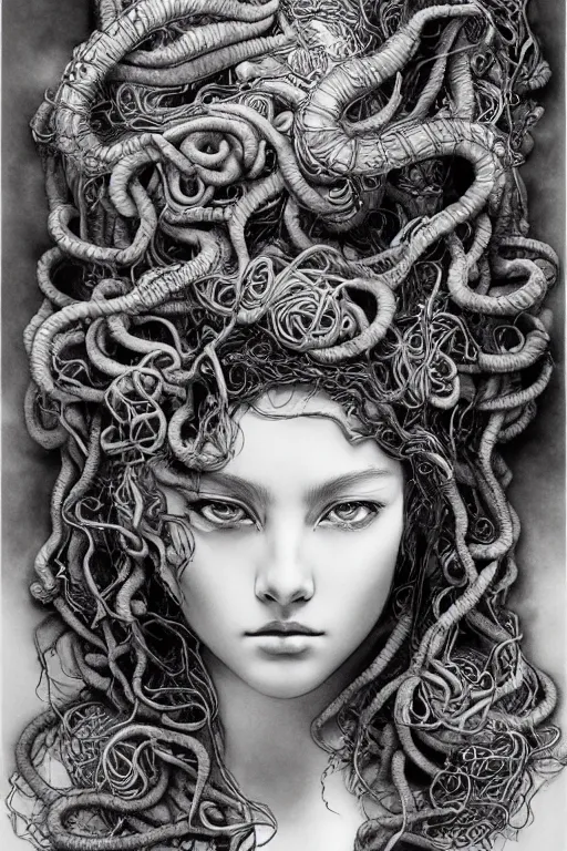 Prompt: Portrait of Medusa, pen and ink, intricate line drawings, by Yoshitaka Amano, Ruan Jia, Kentaro Miura, Artgerm