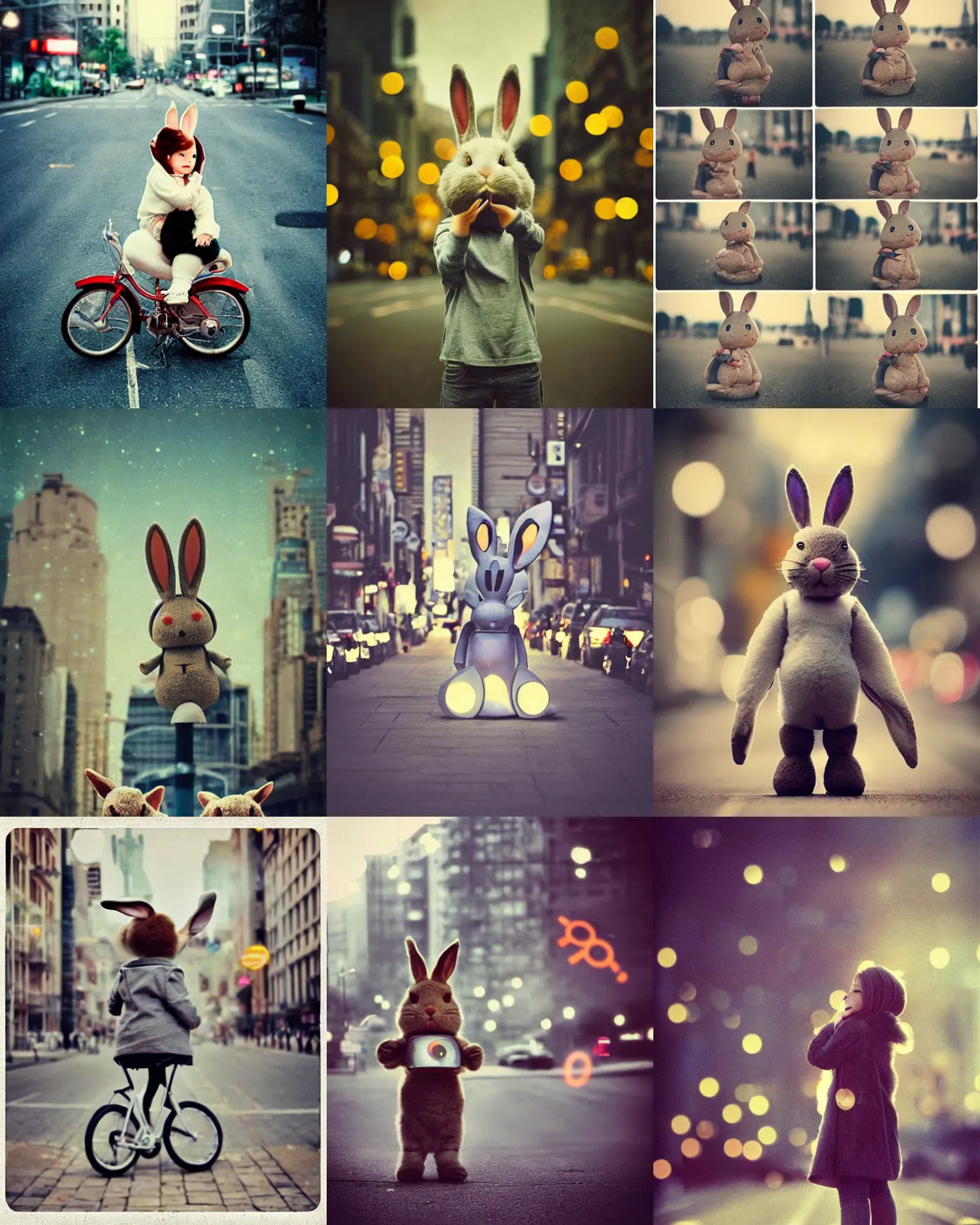 Prompt: telephoto lens bokeh lights!!! epic pose!!! googly eyed giant oversized rocket battle rabbit robot chubby mech baby sport car double decker with giant oversized ears and rabbit babies ,in busy city , full body , Cinematic focus, Polaroid photo, vintage , neutral dull colors, soft lights, foggy , by oleg oprisco , by national archives, by discovery channel, by victor enrich , by gregory crewdson