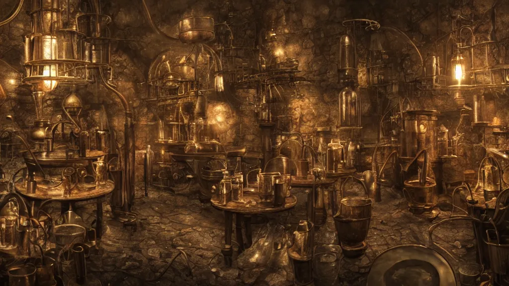 Prompt: dark wizards laboratory, ancient medieval, many tubes connecting many beakers, bronze steril feeling, realistic cinematic lighting, establishing action shot, ultra detailed, hyper realism, photo, octane render