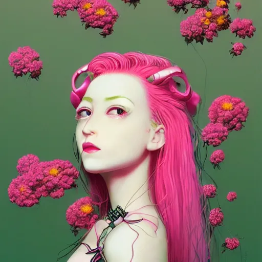 Image similar to a portrait of a woman with pink hair surrounded by flowers, cyberpunk art by otomo katsuhiro and mark ryden, cgsociety, computer art, circuitry, dystopian art, academic art insanely quality, highly detailed, masterpiece, red light, artstation, 4 k