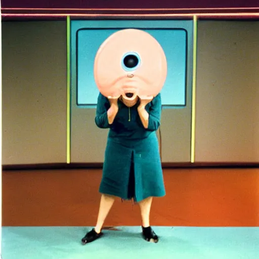 Image similar to woman with prosthetic nose enters an eyeball cult, 1981 children's tv show, color