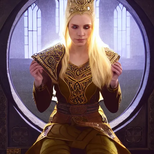 Image similar to the elder scrolls vi, charismatic regal blonde high elf female jarl, portrait, throne room, atmospheric lighting, painted, intricate, volumetric lighting, beautiful, daytime, sunny weather, slight overcast, sharp focus, deep colours, ultra detailed, by leesha hannigan, ross tran, thierry doizon, kai carpenter, ignacio fernandez rios