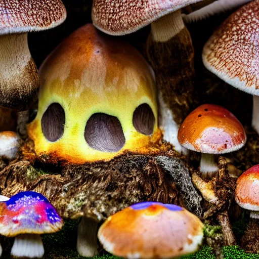 Image similar to macro photo with a mushroom character with cute eyes and mycelium, very close to real nature, natural colors and natural surroundings, painted patterns and coloring on mushrooms, 8K, highly detailed, cartoon