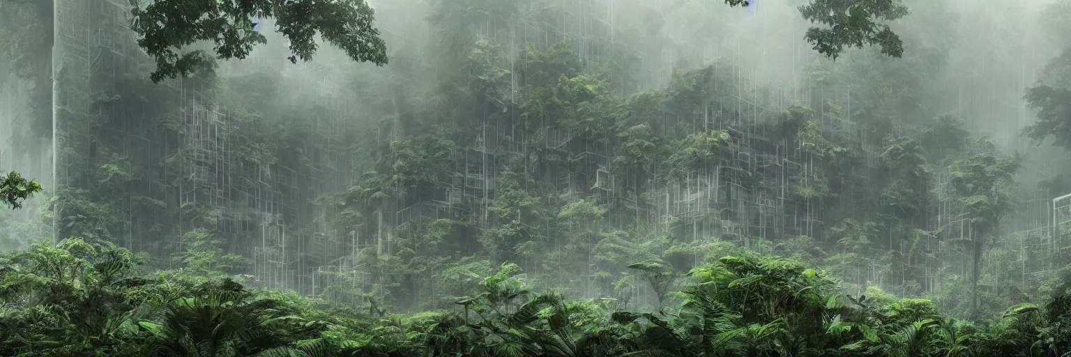 Image similar to brutalist architecture deep in the rainforest. nature is taking over. matte painting in the style of craig mullins. mist. cinematic. octane render.