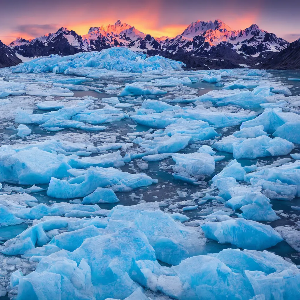 Prompt: sunset over an alaskan glacier. crystal blue ice. meltwater pond. style of a national geographic photo. 4 k. highly detailed. colorful. tall snow - capped mountains. glaciers.