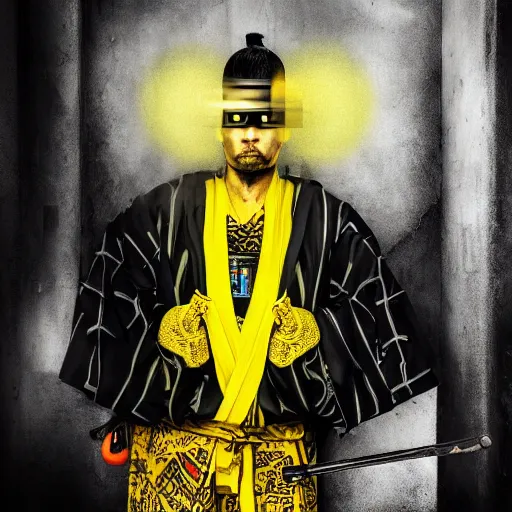 Prompt: portrait old samurai hero, cyberpunk, vibrant yellow colors, surreal, french baroque style by alexander mcqueen, hyper detailed, realistic cinematic, voigtlander photography, leica 1 9 3 0 s, with background from star wars movie desert