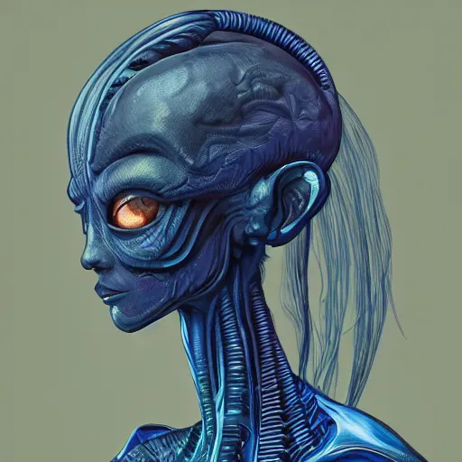 Image similar to antrophomorphic blue alien girl, intricate, highly detailed, digital painting, artstation, oppressive lighting, fashion concept art, sharp focus, illustration