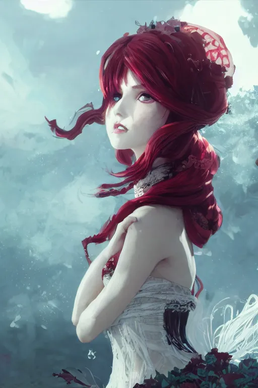 Prompt: highly detailed portrait of a poison princess with wavy vibrant red hair, white lace dress, cinematic lighting, dramatic atmosphere, by Dustin Nguyen, Akihiko Yoshida, Greg Tocchini, Greg Rutkowski, Cliff Chiang, 4k resolution, nier:automata inspired, bravely default inspired, toxic poison background