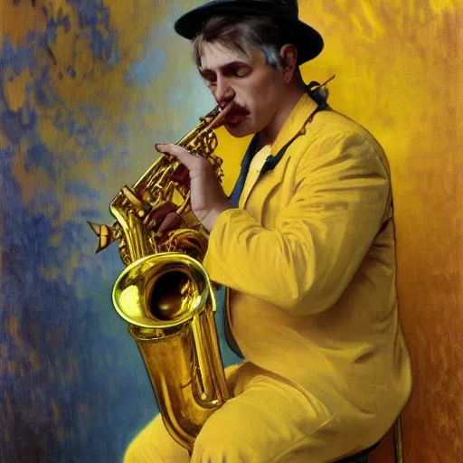 Image similar to man sitting in a yellow costume with a yellow hat holding a saxophone, smoking a cigarette, blue skin, blue smoke, dark background, realistic painting, artwork, meditative, alphonse mucha