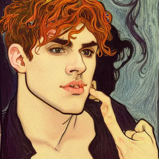 Image similar to painting of young cute handsome beautiful dark medium wavy hair man in his 2 0 s named shadow taehyung at the halloween pumpkin jack o'lantern party, depressed, melancholy, autumn, japan, elegant, clear, painting, stylized, delicate, soft facial features, delicate facial features, soft art, art by alphonse mucha, vincent van gogh, egon schiele