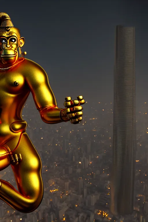 Image similar to high quality 3 d render cyborg gold hanuman! with nose piercings, cyberpunk highly detailed, mumbai in the background, unreal engine cinematic smooth, in the style of blade runner & solaris, hannah yata charlie immer, moody light, low angle, uhd 8 k, sharp focus